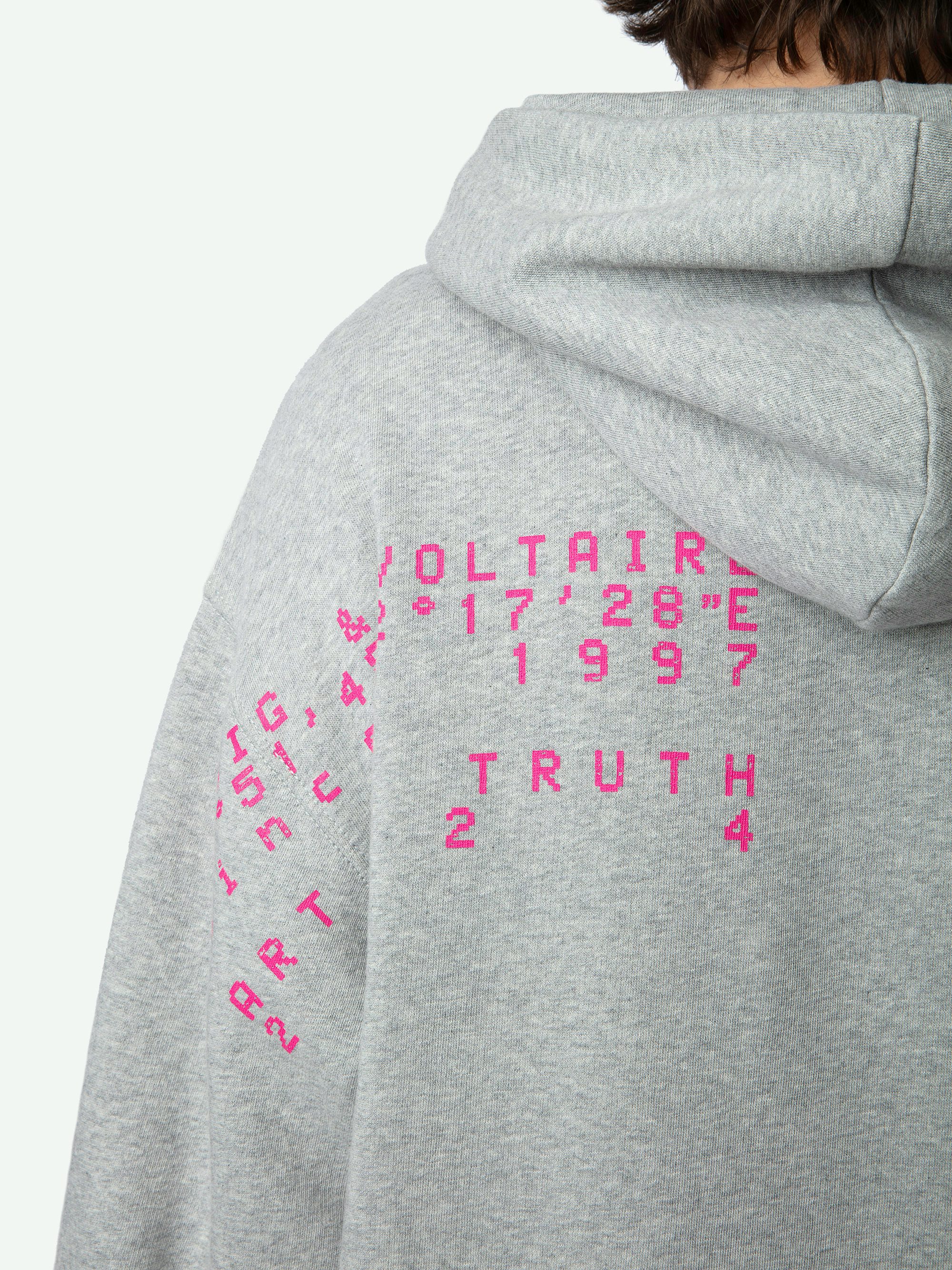 Nils Sweatshirt - Long-sleeved mottled grey organic cotton hooded sweatshirt with compass points prints on the sleeve and back.